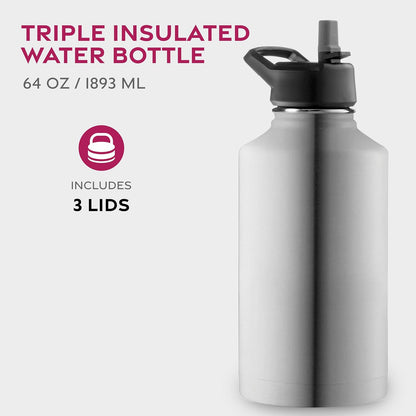 FineDine Water Bottle - Stainless Steel Insulated Water Bottle with Straw Lid, Flip Lid & Wide-Mouth Cap - Keeps Hot and Cold - 25 Oz / 739ml - Dreamy Purple