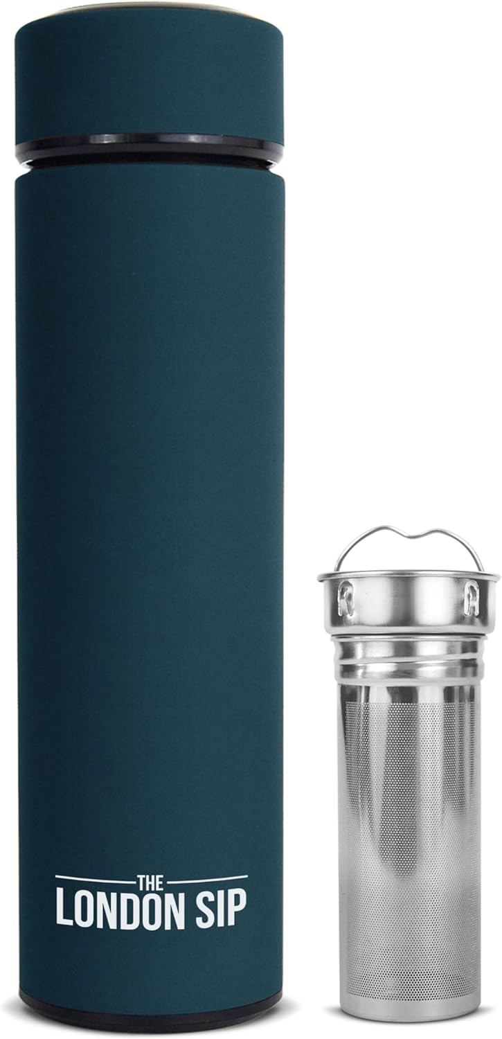 The London Sip Multi-Purpose Travel Mug and Tumbler Fruit Infused Flask Hot and Cold Double Wall Stainless Steel Thermos with Extra-Long Infuser, Purple
