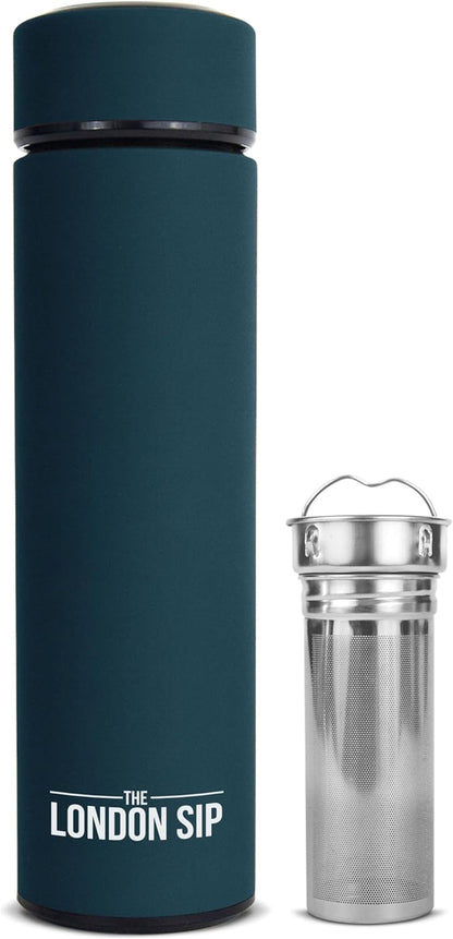 The London Sip Multi-Purpose Travel Mug and Tumbler Fruit Infused Flask Hot and Cold Double Wall Stainless Steel Thermos with Extra-Long Infuser, Purple