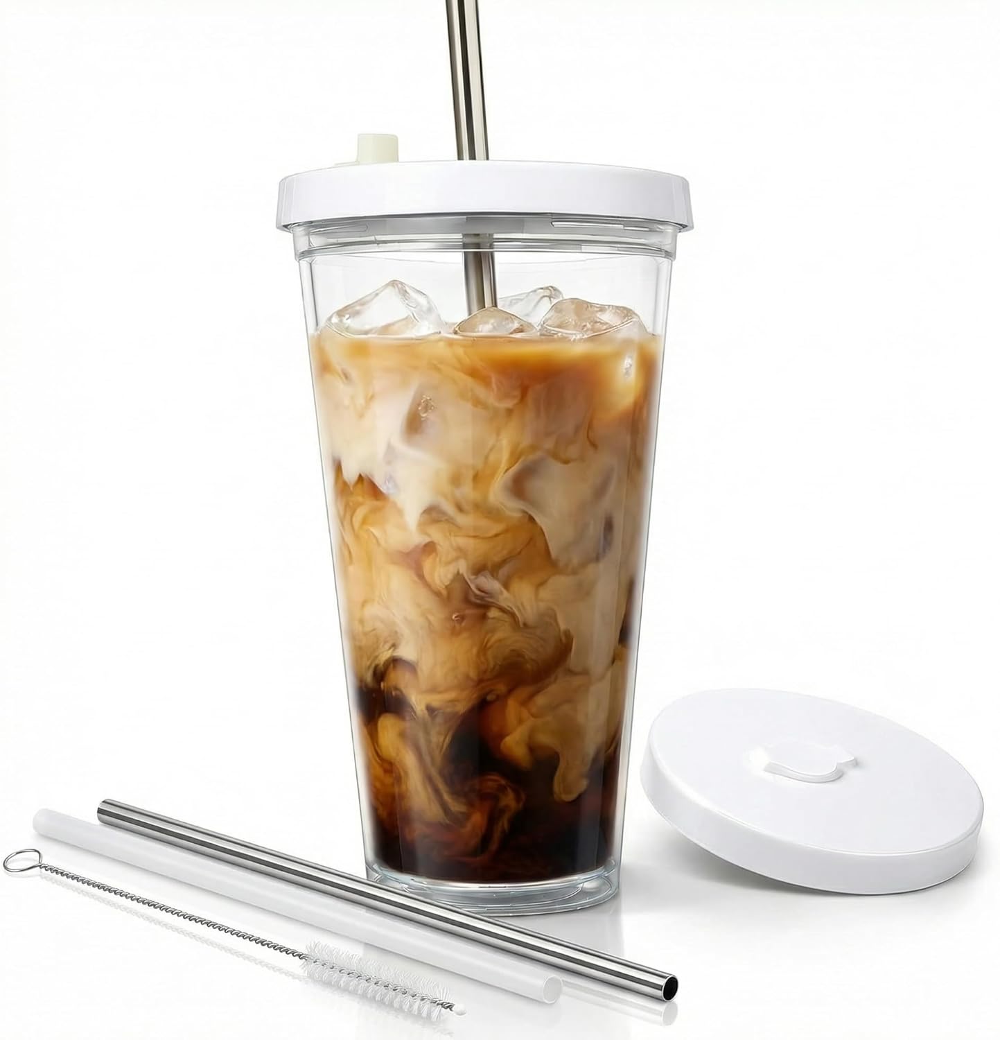 Reusable Iced Coffee Cup with Lid and Straw, 24 oz/Venti, BPA-Free Double-Wall Insulated Plastic Tumbler for Cold Drinks, Includes Clear Plastic Straw, Stainless Steel Straw and Cleaning Brush, White