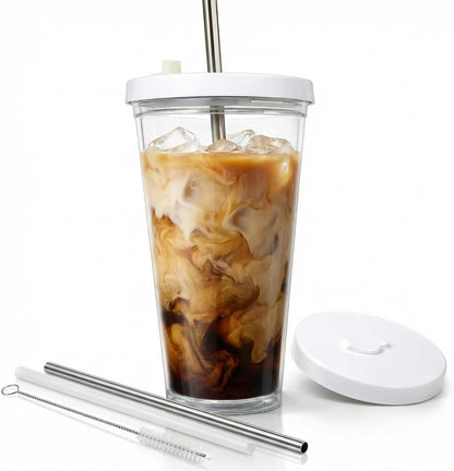Reusable Iced Coffee Cup with Lid and Straw, 24 oz/Venti, BPA-Free Double-Wall Insulated Plastic Tumbler for Cold Drinks, Includes Clear Plastic Straw, Stainless Steel Straw and Cleaning Brush, White