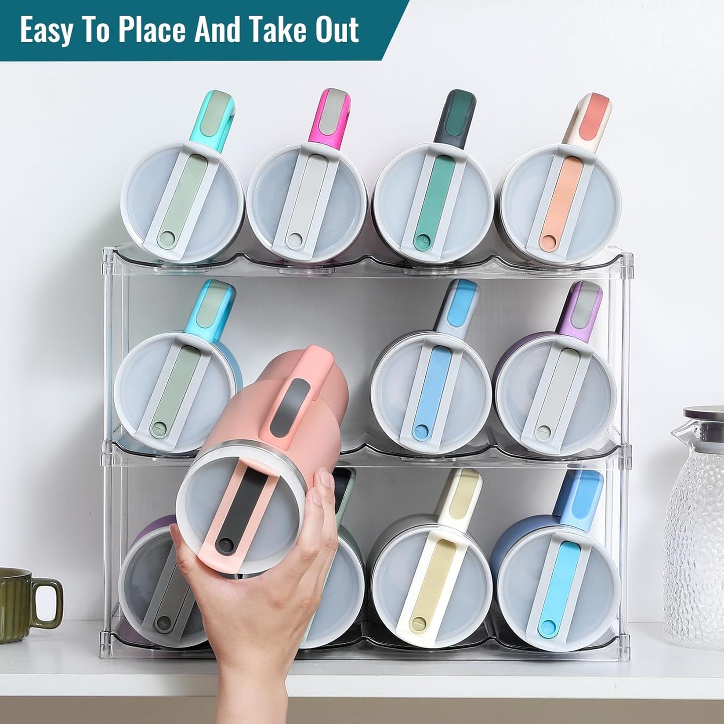 Design for Stanley 40 OZ & Large Bottles & Tumblers with Handle - Acrylic Water Bottle Organizer - Stackable Clear Wine Rack Cup Holder for Home Kitchen Pantry Shelf Countertop Cabinet, 4 Tier Hold 16