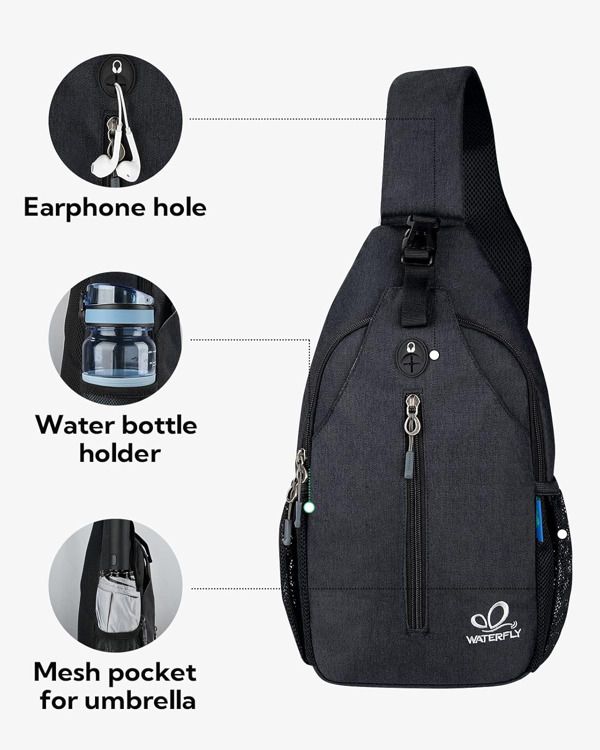 WATERFLY Crossbody Sling Backpack Sling Bag Travel Hiking Chest Bag Daypack (Black)