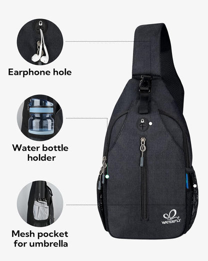 WATERFLY Crossbody Sling Backpack Sling Bag Travel Hiking Chest Bag Daypack (Black)