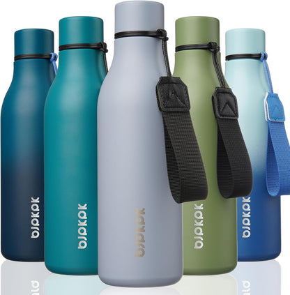 BJPKPK Insulated Water Bottles, 18 oz Stainless Steel Metal Water Bottle with Strap, BPA Free Leak Proof Jugs, Mugs, Flasks, Reusable Thermal Flasks for Sports & Travel, Black - Colors B