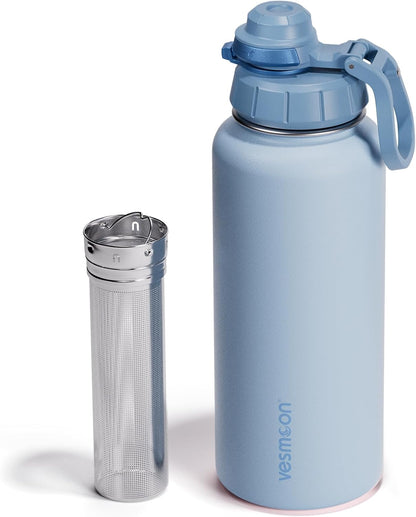 Vesmoon Vessence 24 Oz Stainless Steel Tea Infuser Bottle for Loose Leaf Tea, Water, Herbs, Fruits - Triple Layered Insulated, Leak Proof Bottle with Lid and Clip Handle - 24 Hours Hot/Cold