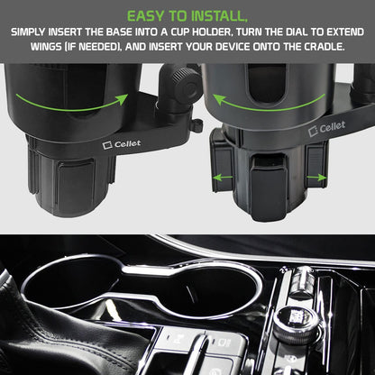 Cellet Cup Holder Tray for Car with Phone Mount – Expandable Base, 360° Rotation Food & Drink Tray with Non-Slip Surface, Adjustable Arm for Eating in Vehicle – Fits Most Standard Car Cup Holders