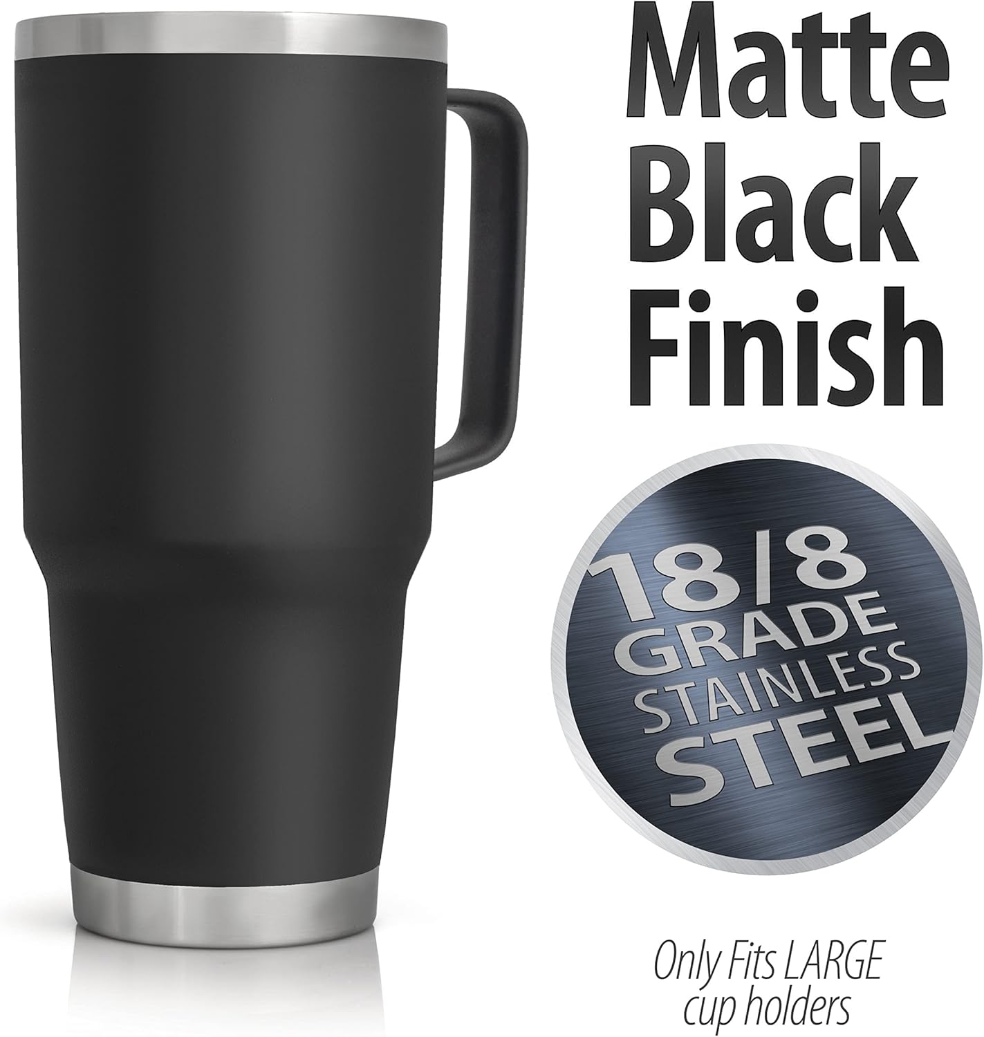 XPAC Double Vacuum Wall Stainless Steel Tumbler with Lid, 64 Ounce, With Handle, Black, Fits in a 4" Wide Car Beverage Holder