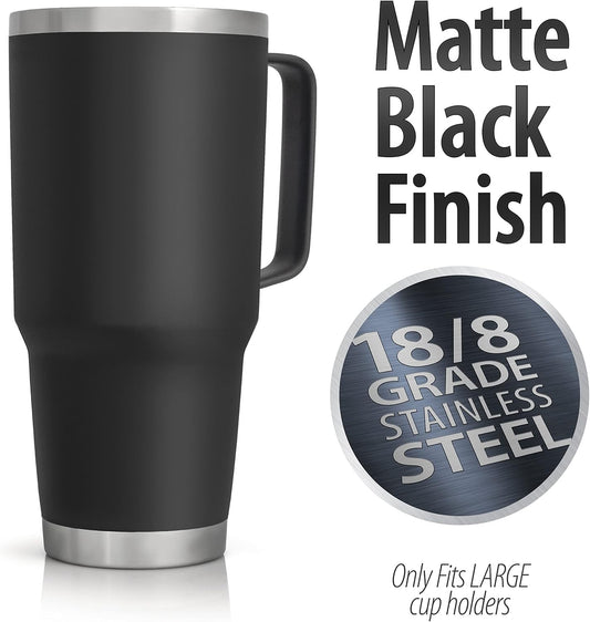 XPAC Double Vacuum Wall Stainless Steel Tumbler with Lid, 64 Ounce, With Handle, Black, Fits in a 4" Wide Car Beverage Holder