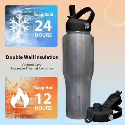 SENDESTAR 40oz Water Bottle Wide Mouth Stainless Steel Vacuum Insulated Double Wall with Straw Lids Fit in Any Car Cup Holder