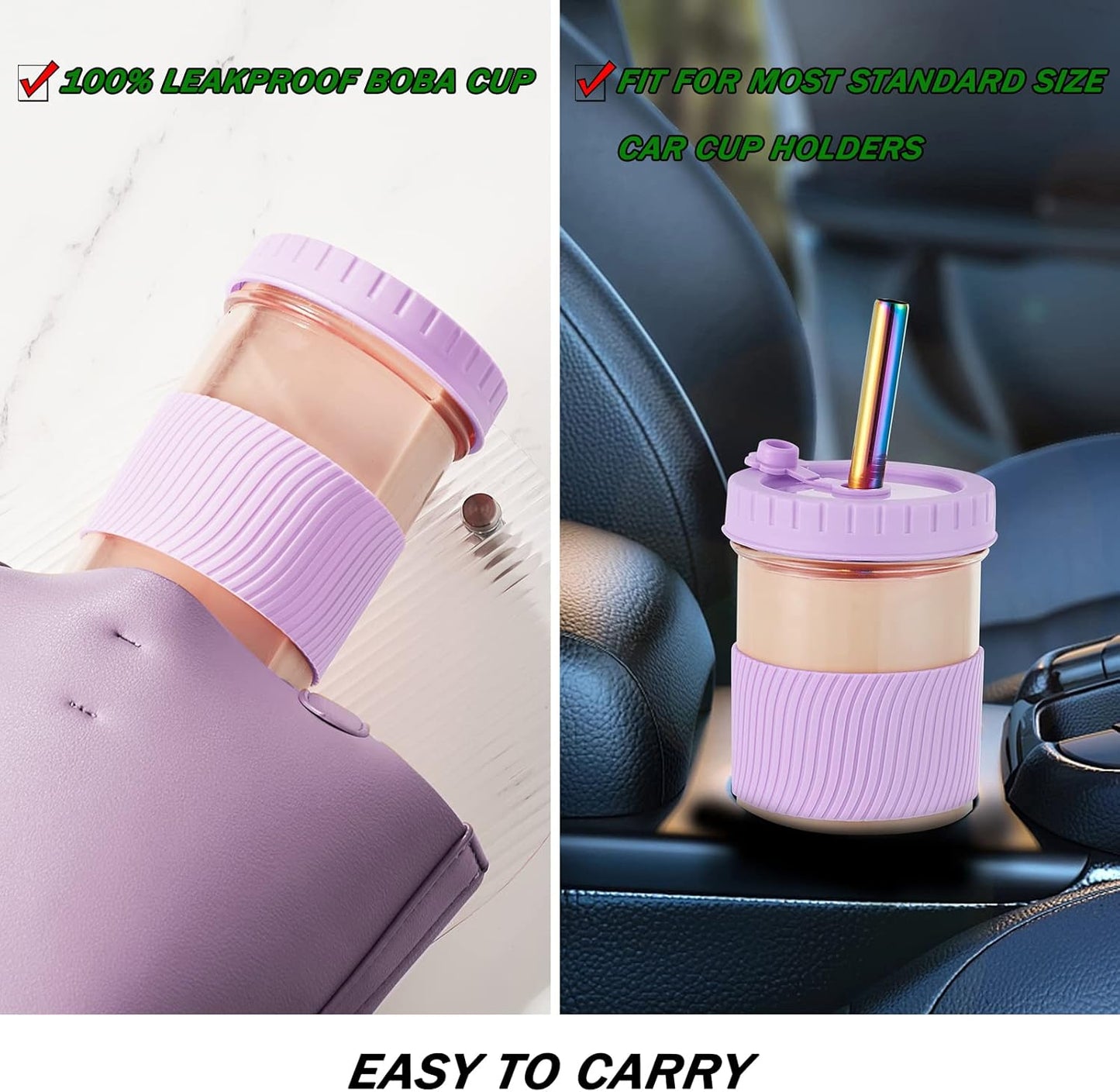 Amyoole 2 Pack Reusable Boba Cup, 24Oz Wide Mouth Smoothie Cup,mason Jar Glass Cups with Lids and Straws,Bubble/Boba Tea Cups,Ice Coffee Tumbler 2 colored straws 1 sponge brush(Pink)