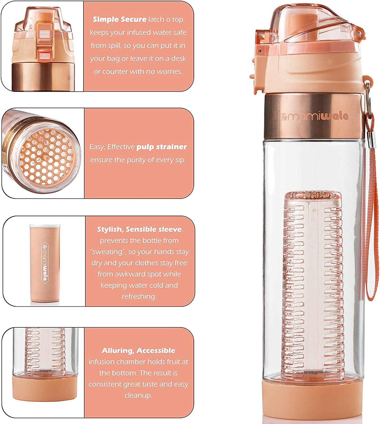MAMI WATA Fruit Infuser Water Bottle – 24 oz – Tritan Plastic - Unique Stylish Design – Fruit Infused Water recipes eBook & Insulating sleeve – Beautiful Gift Box