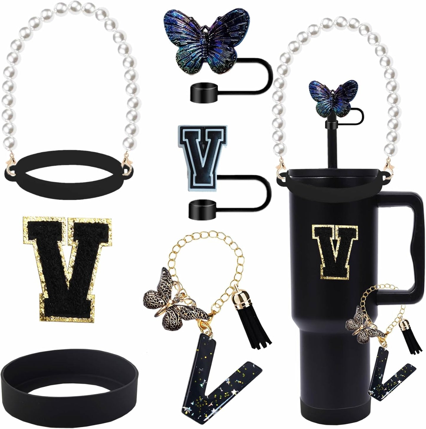 7pcs Cup Accessories for Stanley 30/40oz Tumbler, Handle Strap, Straw Cover, Silicone Boot, Letter Charm Stickers