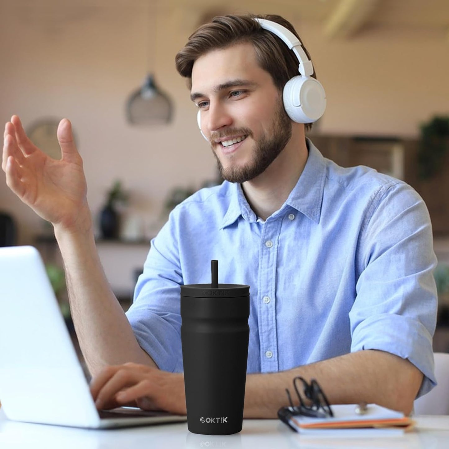 COKTIK 24oz Insulated Tumbler with Lid and Straw Iced Coffee Cup Reusable Stainless Steel Travel Mug Water Bottle Cupholder Friendly for Women Men Her Him (Blush)