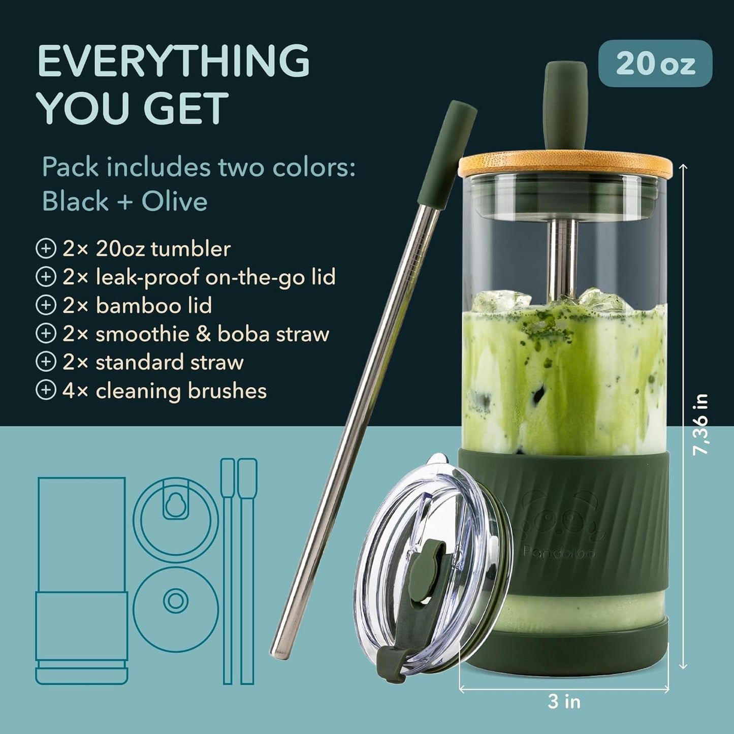 Pandaloo® Glass Cups With Lids and Straws -20 Fl Oz- Perfect Size Iced Coffee Cup - Smoothie Cup With Bamboo Lid and On the go Lid - Glass Tumbler With Straw (1 Count (Pack of 1), Lilac Rhapsody)