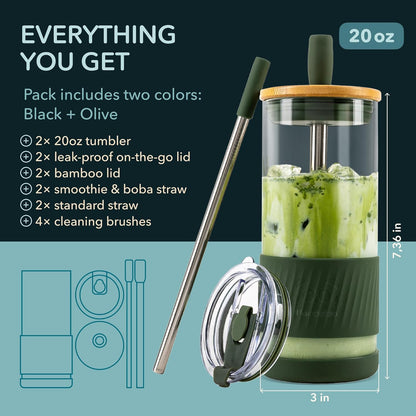 Pandaloo® Glass Cups With Lids and Straws -20 Fl Oz- Perfect Size Iced Coffee Cup - Smoothie Cup With Bamboo Lid and On the go Lid - Glass Tumbler With Straw (1 Count (Pack of 1), Lilac Rhapsody)