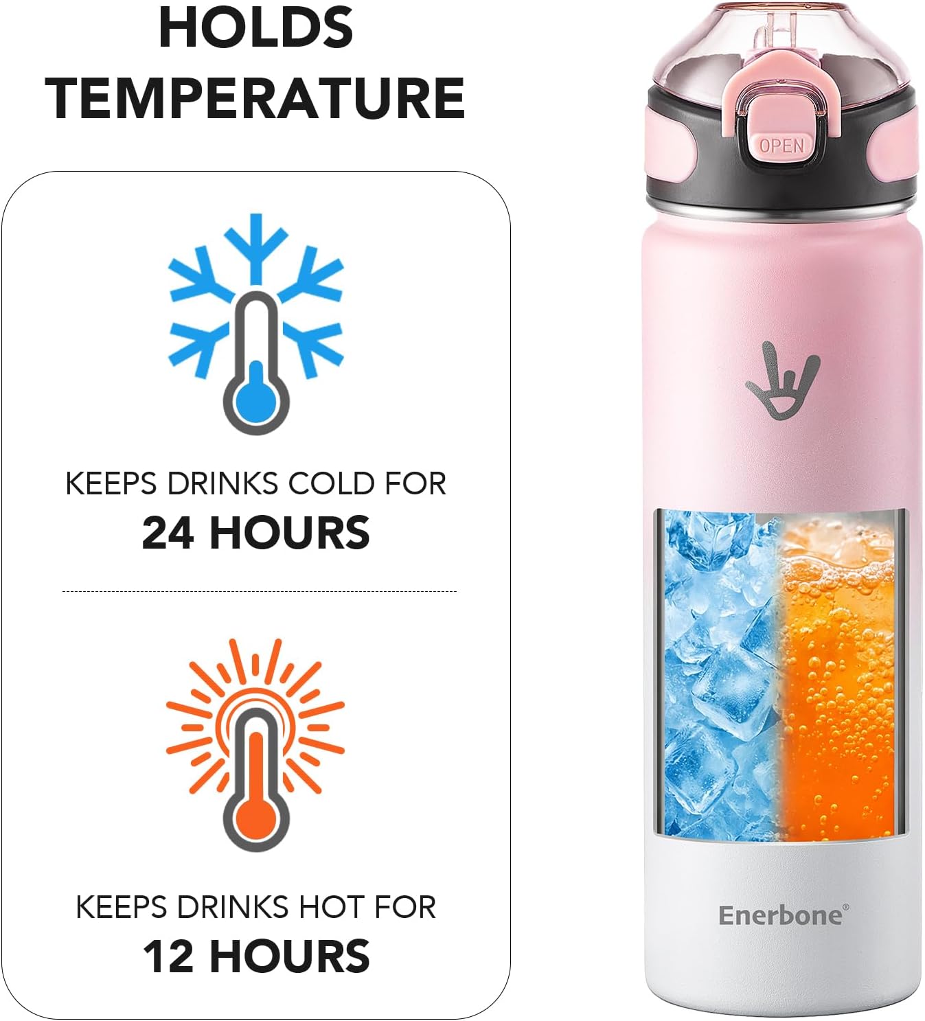 Enerbone 24 oz Insulated Water Bottle, Stainless Steel Bottle with Carrying Strap, Double-Wall Vacuum Insulation Design, Leakproof Sports Bottle with Straw, Keep Drinks Cold or Hot for Hours