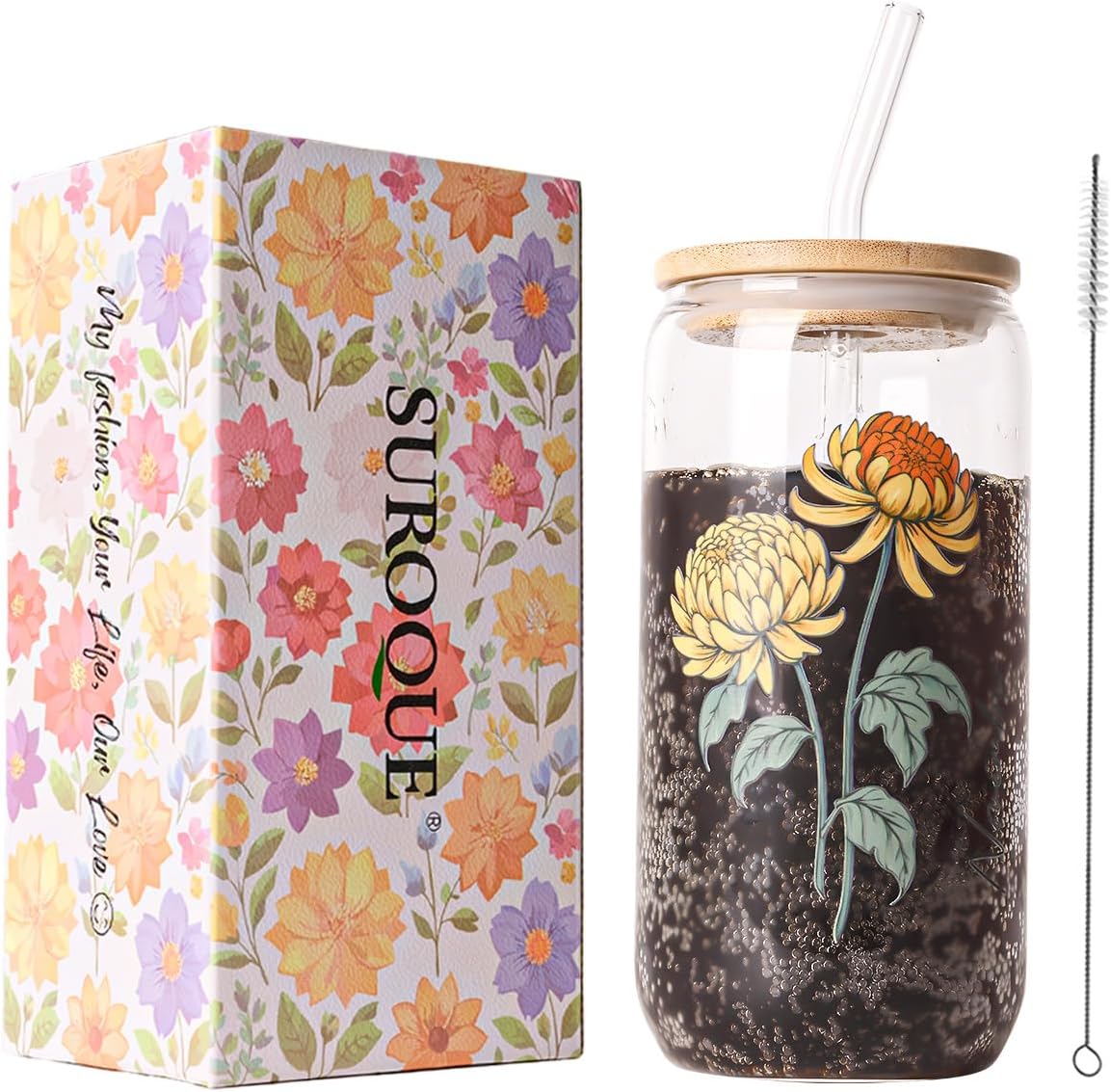 SUROQUE 20oz Ribbed Glass Tumblers with Lids & Straws, Ideal for Iced Coffee, Cocktails & More - Includes Cleaning Brush