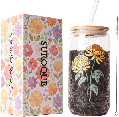 SUROQUE 20oz Ribbed Glass Tumblers with Lids & Straws, Ideal for Iced Coffee, Cocktails & More - Includes Cleaning Brush