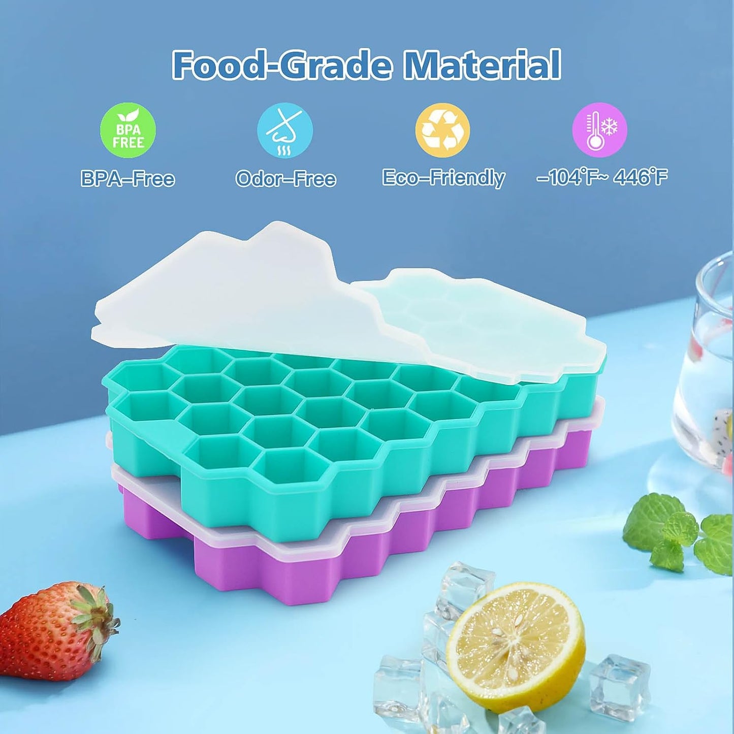Azyh Ice Cube Trays with Lid, 2 Pack Silicone Ice Cube Trays with Lid-37 Grid, Easy-Release 74 PCS Small Ice Cubes for Iced Coffee Cocktail Whisky Chocolate Soup Food,BPA Free,Durable,Dishwasher Safe