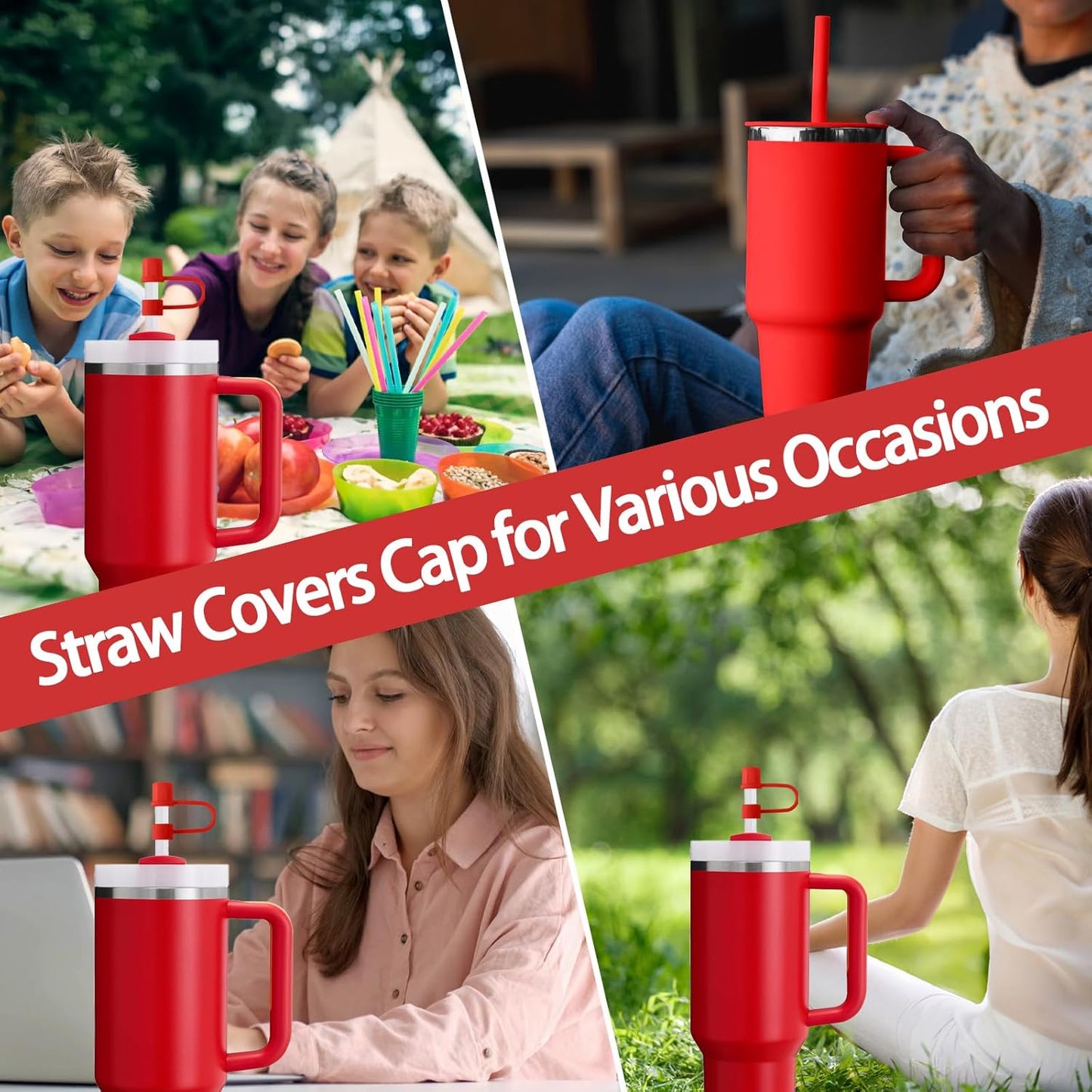 6PCS Silicone Straw Covers Cap Compatible with Stanley Cup 30-40 oz Tumbler with Handle 10mm Straw Toppers，Dust-Proof Reusable Straw Cover for Stanley Cup Accessories (Black)