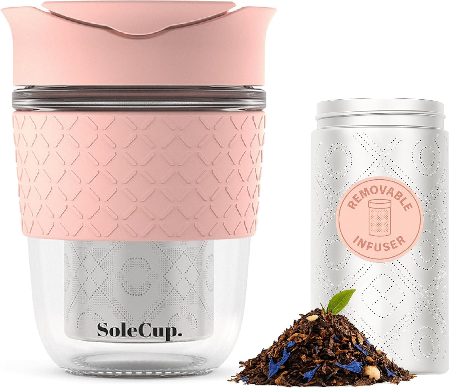 Travel Mug Loose Tea Infuser - Detachable Tea Strainer with Spillproof Lid - BPA-Free Reusable Glass Travel Coffee Cup with Silicone Band (Ice Cream, 12oz)