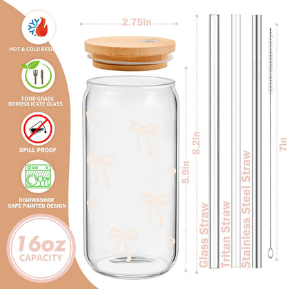 Coquette Cute Pink Bow Glass Cups with Lids and Straws, Aesthetic Iced Coffee Matcha Cup, Girly Preppy Design Tumbler Mug, Valentines Christmas Birthday Gifts for Women, Teen Girl Gifts Trendy Stuff