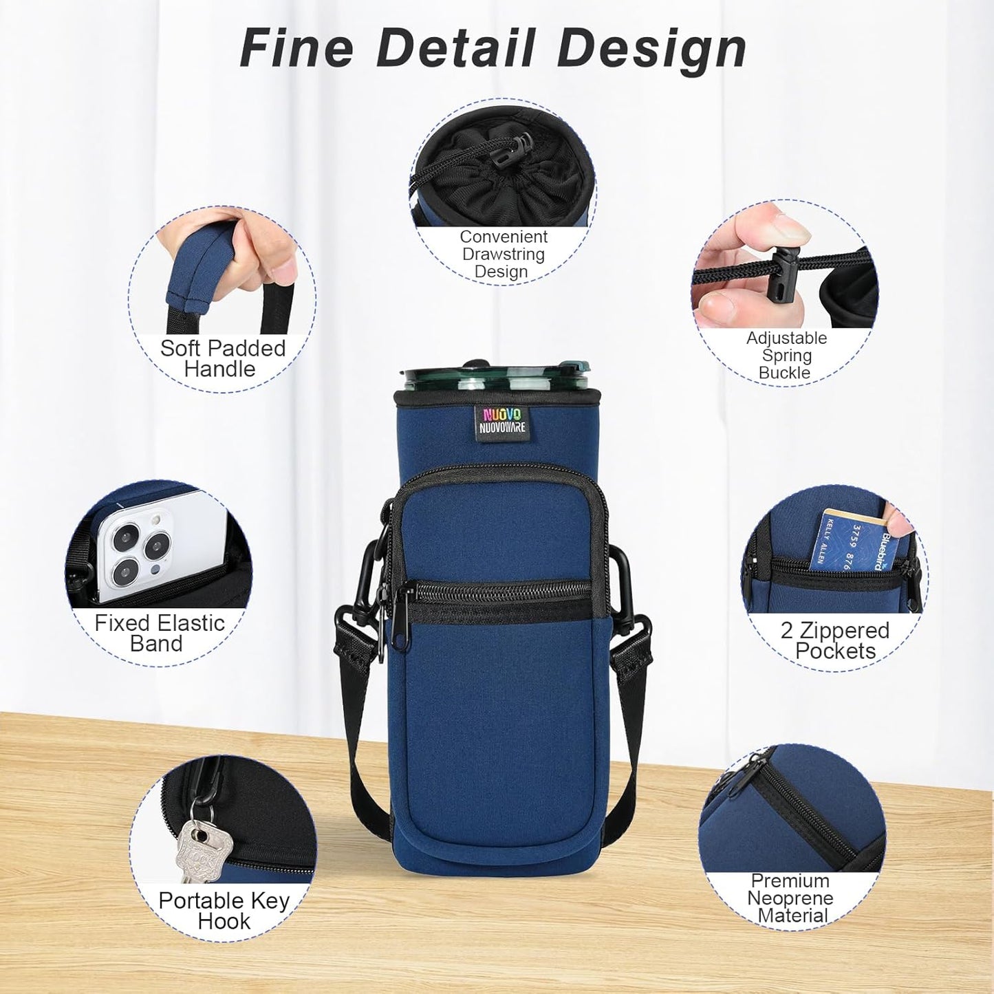 Nuovoware Water Bottle Carrier Bag,25oz/40oz/64oz Bottle Pouch Holder,Adjustable Shoulder Hand Strap 2 Pocket Sling Neoprene Sleeve Sports Accessories for Hiking Travelling Camping