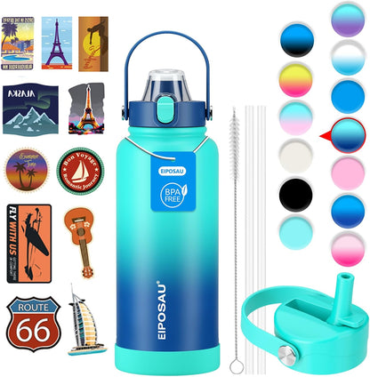 Insulated Water Bottle with Lid & Boot & Stickers, 24 oz Stainless Steel Sweat Free Bottle Keep Cold 24H, BPA-Free Sports Wide Mouth Water Bottle, BlueBlack
