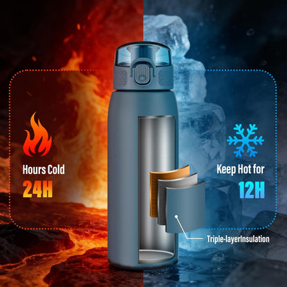 Insulated Water Bottle 24 oz with Dustproof Lid, Carry Handle & Tea Infuser, BPA-Free & Leakproof, Stainless Steel Water Bottles Ideal for Fitness, Hiking, Office & Outdoor Use (Black)