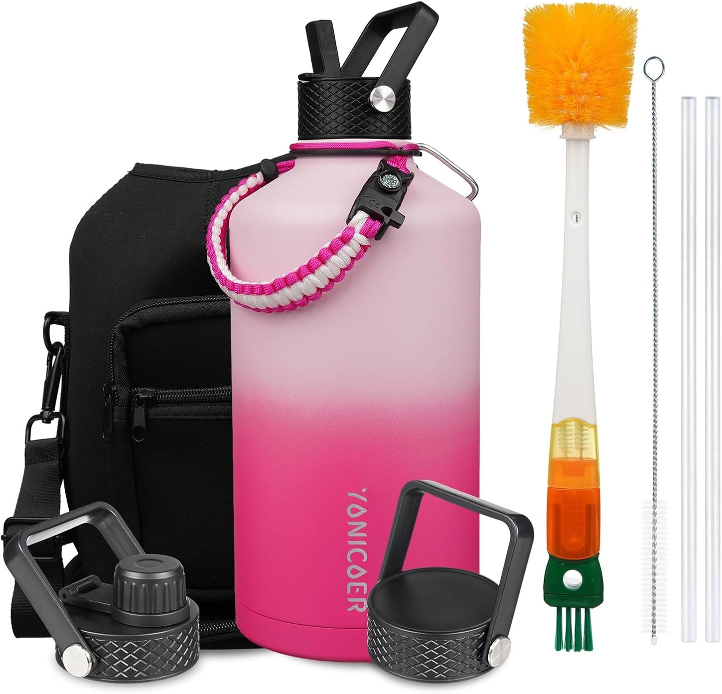 Insulated Water Bottle 40oz,Triple Wall Vacuum Stainless Steel(Dishwasher Safe),Leak Proof & Non-BPA,Flask Jug with Paracord Handle & Straw Spout Lids Sports Cherry Blossom