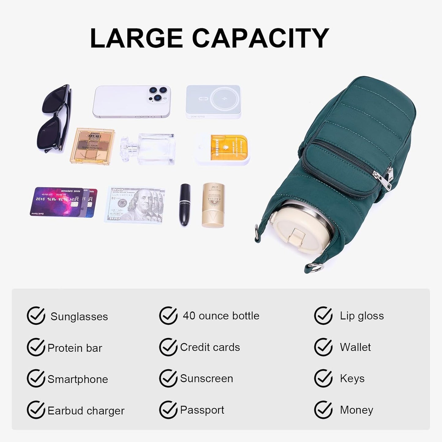 Water Bottle Bag 40 oz Crossbody Bag Insulated Carrier Purse Holder for Walking Hiking with Adjustable Strap