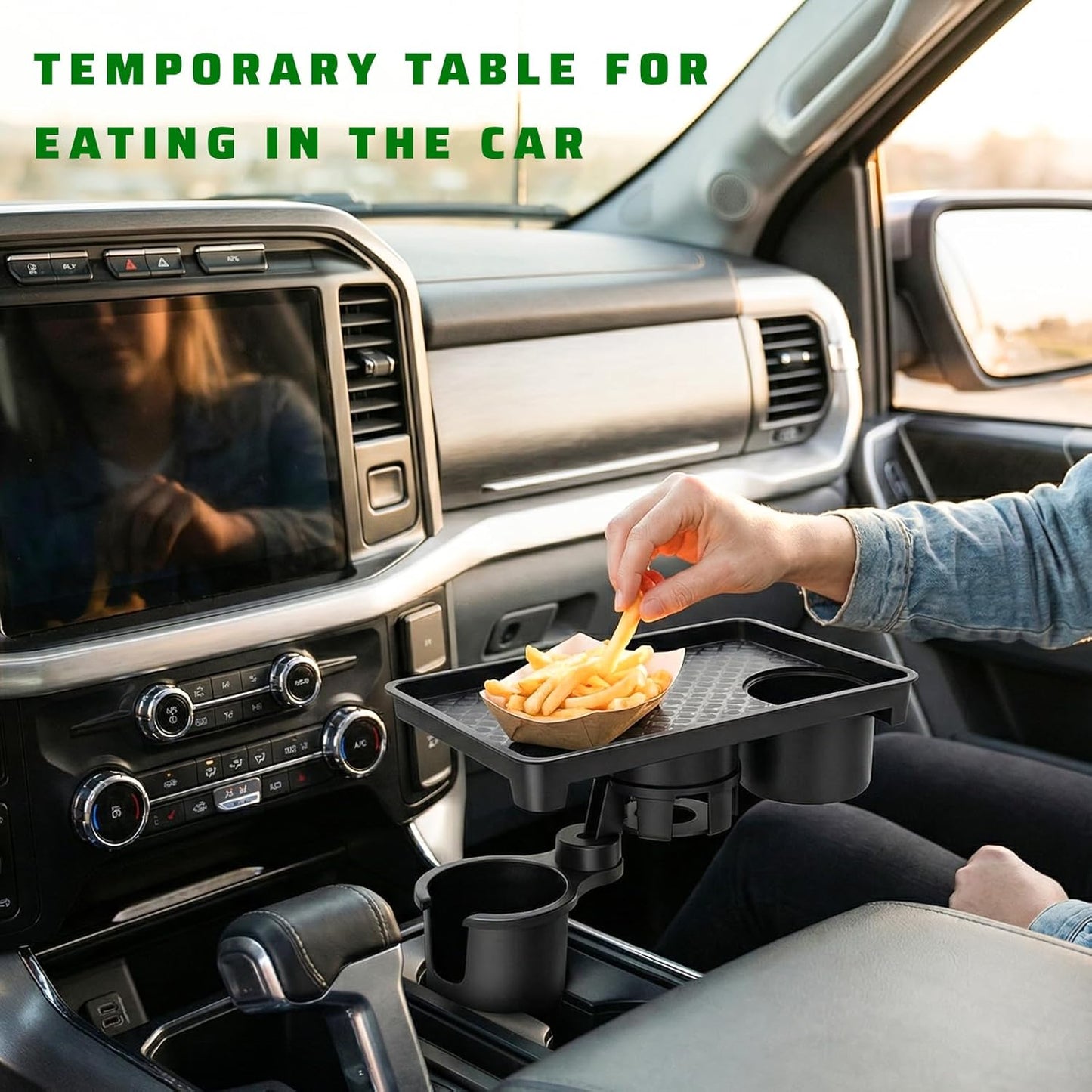 Car Cup Holder Tray, 2 in 1 Detachable Snack Food Tray Table with Cup Holder & Phone Slot, 360° Rotatable Cupholder Extender for Travel Road Essentials, Car Accessories