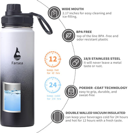 Farsea Insulated Water Bottle With Paracord Handle, Protective Silicone Boot and 2 Lids (Straw Lid & Spout Lid), Stainless Steel Water Bottle Wide Mouth, Double Wall Sweat-Proof BPA-Free, 24 oz