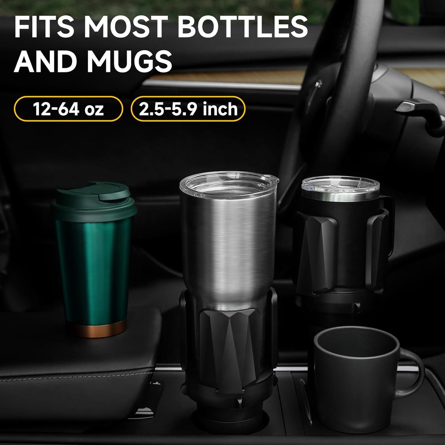 DYLEN Car Cup Holder Expander, Cup Holder Expander Adapter for Car with Expandable Arms, Fits Yeti, HydroFlask, Stanley 14-64oz, Other Large Drinks and Mugs in 2.5”-5.9”