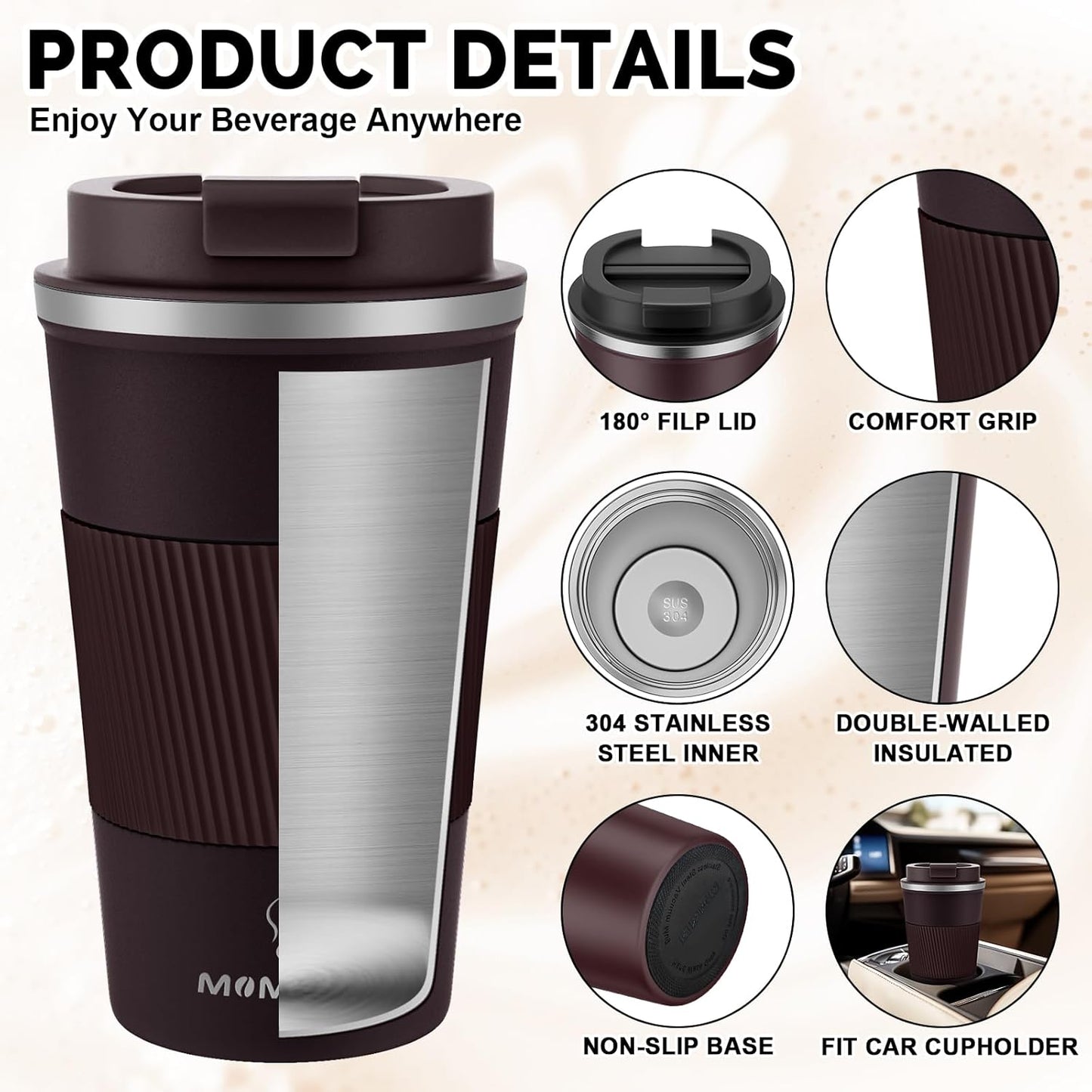 MOMSIV 12oz Travel Mug, Insulated Coffee Cup with Leakproof Lid, Travel Coffee Mug Vacuum Stainless Steel Double Walled Reusable Coffee Cup for Hot and Cold Water Coffee