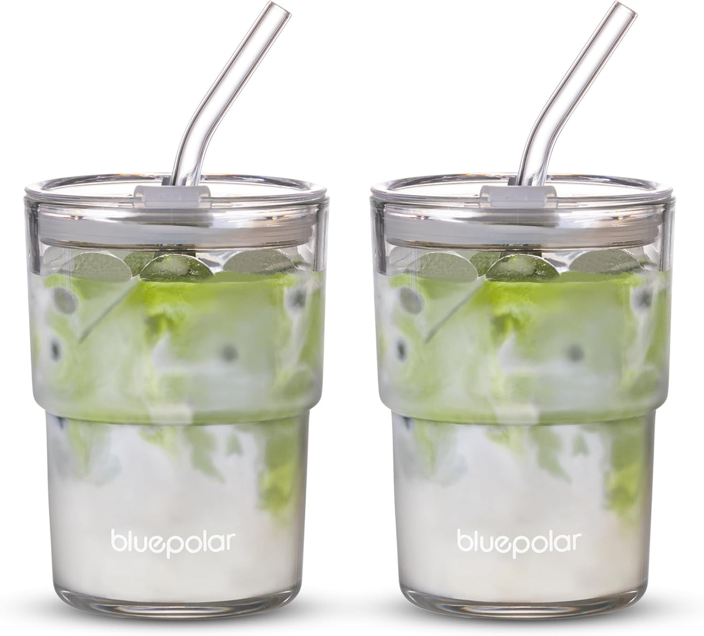 BLUEPOLAR 13oz/400ml Glass Water Tumbler with Straw and Lid Sealed Carry On Thick Wall Iced Coffee Cup Glass Cup for Water, Iced Tea Fruit Juice Etc (White-2Pack)