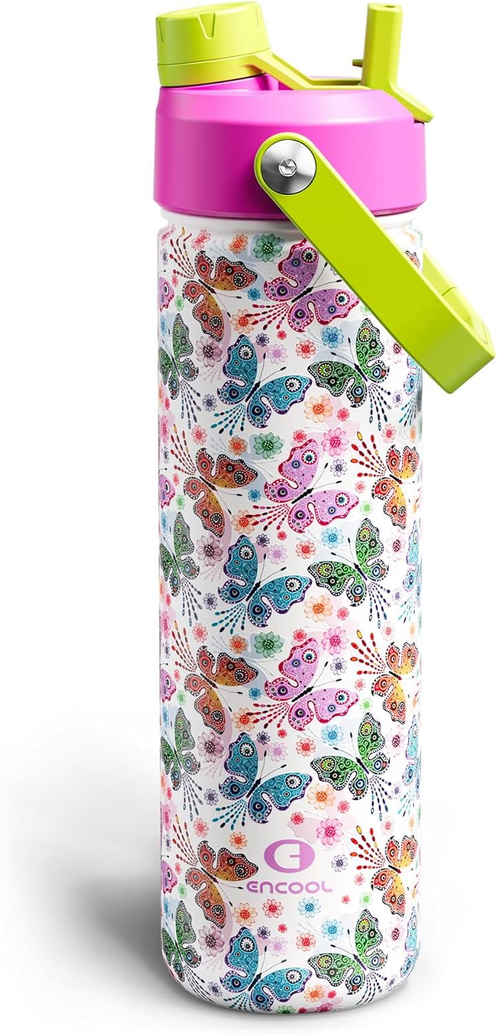 ENCOOL Insulated Water Bottle with Straw Stainless Steel Water Bottle, Leak-Proof, BPA-Free, Double Wall Vacuum Keeps Cold for 24 Hours for Sports, Travel, School (26 oz, Cotton Candy) - Colors D