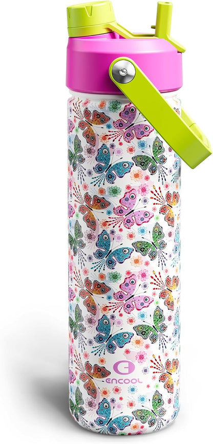ENCOOL Insulated Water Bottle with Straw Stainless Steel Water Bottle, Leak-Proof, BPA-Free, Double Wall Vacuum Keeps Cold for 24 Hours for Sports, Travel, School (26 oz, Cotton Candy) - Colors D