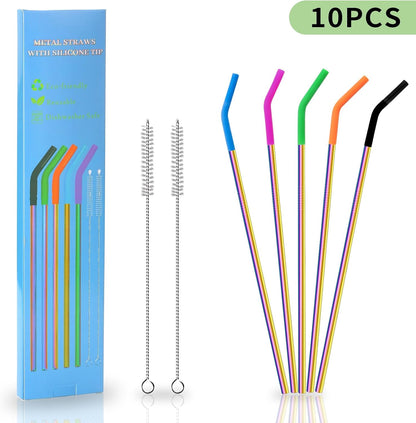 Lazycorner 16 Pcs Metal Straw Reusable 8.5" 10.5" 6mm Stainless Steel Straws for Tumblers 20oz-32oz, Rainbow Drinking Straws with Silicone Tips, 4 Straw Cleaner Brush, 1 Travel Case
