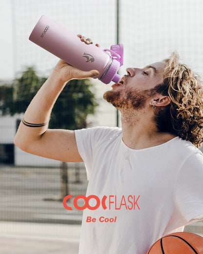 Half Gallon Water Bottle Insulated with Straw & 3 Lids, Coolflask 64 oz Water Jug Large Metal Stainless Steel Wide Mouth for Sports, Gym or Office, Non-BPA Keep Cold 48H Hot 24H, Samurai Cyan