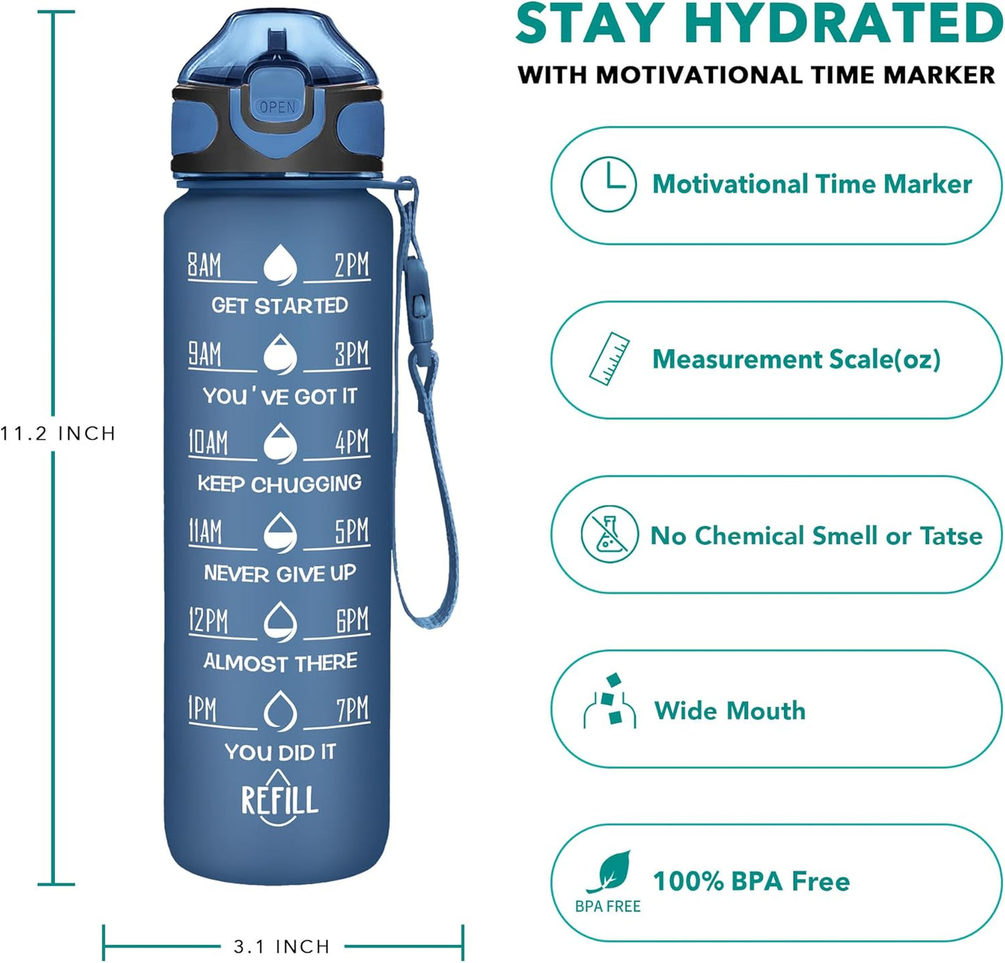 Enerbone 32 oz Drinking Water Bottle with Times to Drink and Straw, Motivational with Carrying Strap, Leakproof BPA & Toxic Free, Ensure You Drink Enough Water for Fitness Gym Outdoor