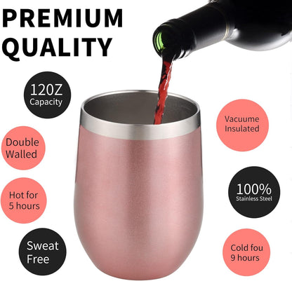 12oz/4 Pack Wine Tumbler Glasses with Lid Stemless Double Wall Vacuum Stainless Steel Travel Tumbler Keeping Cold & Hot for Wine,Coffee,Cocktails,Drinks-Family and Gifts (Multi color-dark)