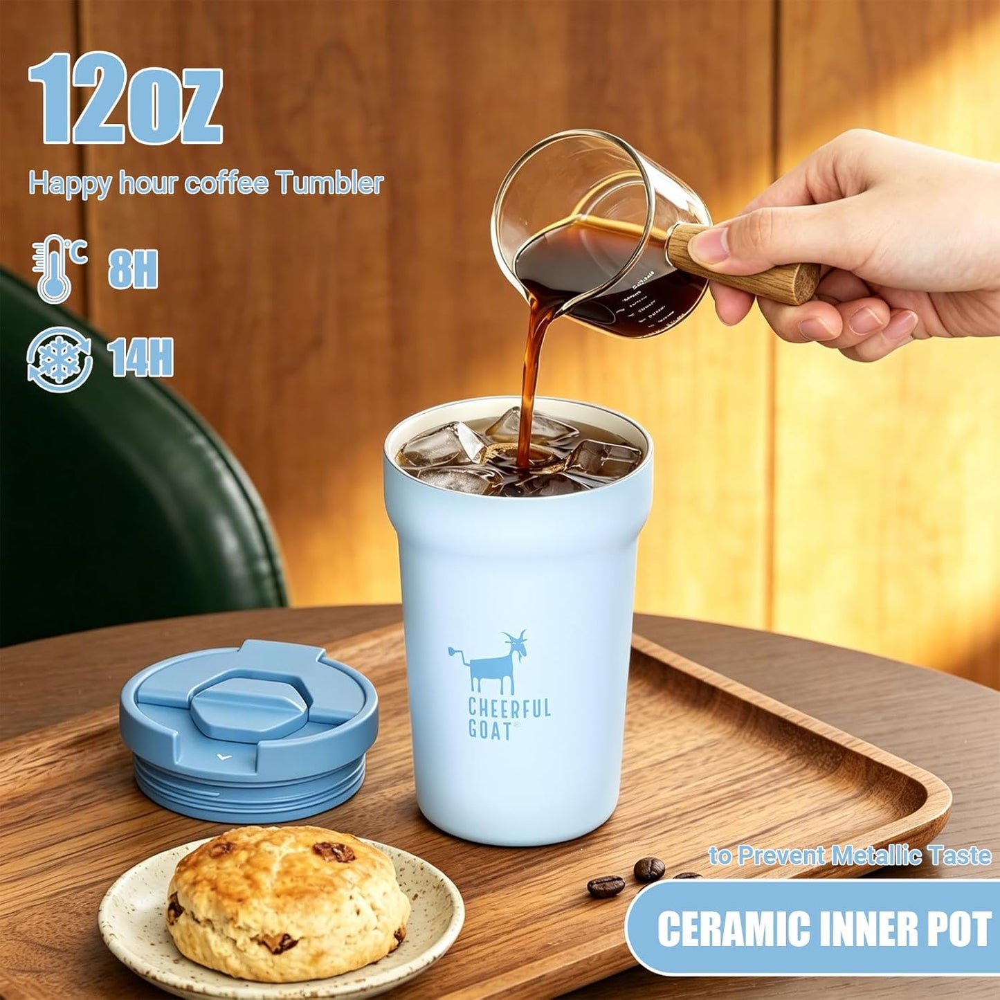 CHEERFUL GOAT Insulated Coffee Mug – Stainless Steel Travel Coffee Tumbler with Ceramic Liner, 12oz Coffee Cup for Hot and Cold Water Coffee at Home, Office, or On the Go (orange)