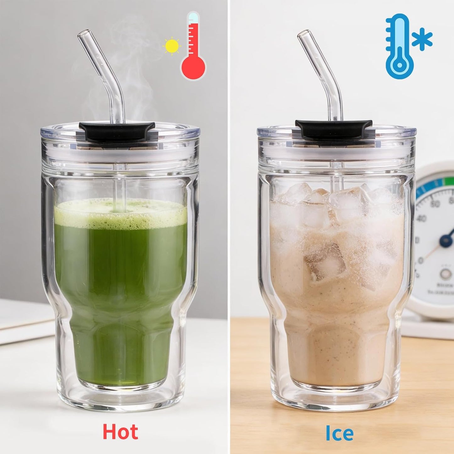 BLUEPOLAR Double Walled Glass Espresso Cups, Insulated Coffee Mug with Straw and Lid - 12oz/350ml Reusable Tumbler for Hot/Cold Drinks, Smoothie, Latte, Matcha, Car & Travel