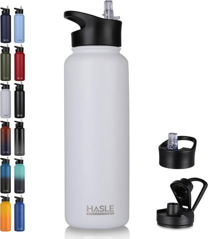HASLE OUTFITTERS 32 oz Insulated Water Bottle Stainless Steel Double Walled Vacuum Sports Water Bottle with 2 Lids (Straw and Spout Lid) for Gym Camping Hiking(Black,1)