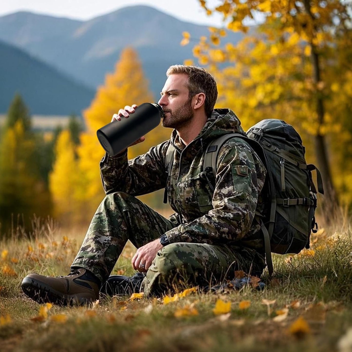 32 oz Insulated Water Bottle with Sleeve - Tactical Stainless Steel Gym Water Bottles for Men, Sports Water Bottle for Hiking Camping Outdoor with Camo Pouch