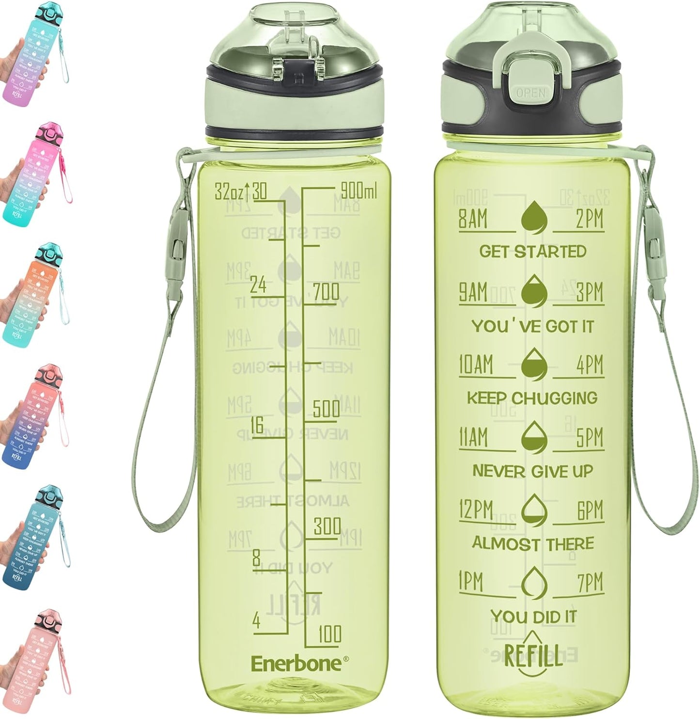 Enerbone 32 oz Drinking Water Bottle with Times to Drink and Straw, Motivational with Carrying Strap, Leakproof BPA & Toxic Free, Ensure You Drink Enough Water for Fitness Gym Outdoor