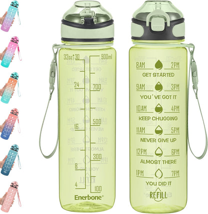 Enerbone 32 oz Drinking Water Bottle with Times to Drink and Straw, Motivational with Carrying Strap, Leakproof BPA & Toxic Free, Ensure You Drink Enough Water for Fitness Gym Outdoor