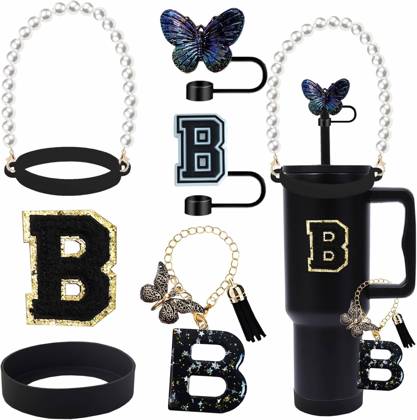 7pcs Cup Accessories for Stanley 30/40oz Tumbler, Handle Strap, Straw Cover, Silicone Boot, Letter Charm Stickers